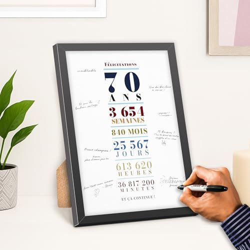 UTTSCHEID Carte Souvenir Personnalisable Élégante – Idéale pour Anniversaire, Mariage, Retraite – Affiche Typographique Verticale – Alternative au Livre d’Or (Avec cadre, 70 Ans)