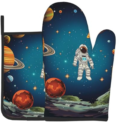 2 Pcs Oven Mitts and Pot Holders Set 500°F Heat Resistant Oven Gloves and Hot Pads Kitchen Mittens Outer Space Rocket Astronaut Cooking Gloves Potholders for Baking Grilling BBQ