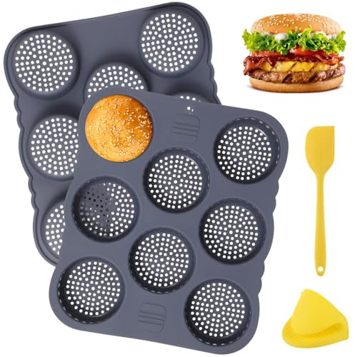 2 Pcs Hamburger Bun Molds, 8-Cup Burger Bun Pans with Spatula, Brush and Grab Glove, Silicone Egg Bite Molds, Silicone Muffin Pans for Baking, Dishwasher and Microwave Safe