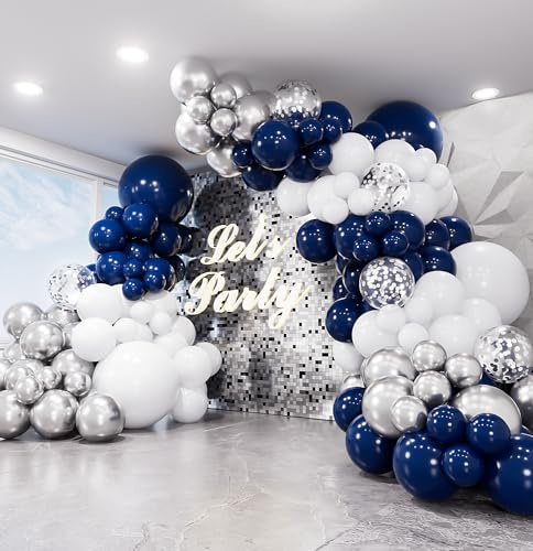 Adeyoo Navy Blue and Silver Balloon Arch Kit Garland for Party Decorations | 134Pcs Blue and Silver Balloon Arch Kit, Navy White Balloons with Silver Confetti Balloon for Birthday Wedding Party Supplies