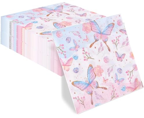 Komoke Servietten Blumen - 60 Stück Papierservietten mit Wildblumen, Schmetterlinge und Blätter in Rosa - Sommer Servietten für Hochzeit, Geburtstag, Taufe - 33x33cm - Elegante Tischdeko Sommerparty