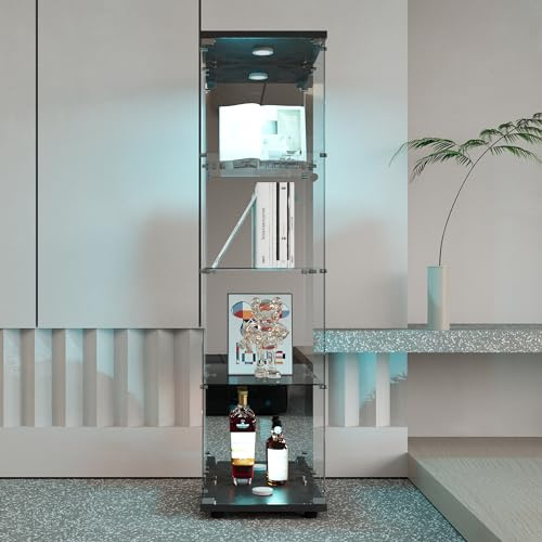BRYXR Glasvitrine,Sammlervitrine,Glas Vitrine mit 1 Türen 4 Einlegeböden, mit LED und Schloss, Transparente Vitrine, Geeignet für Wohnzimmer, Schlafzimmer, Büro Glasvitrine