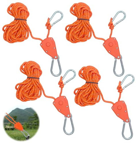 KELAV 4 Pièces Corde à Cliquet avec Crochet, 4m Réfléchissante Orange, Capacité 68kg(150lbs), Tendeur Réglable pour Store d'Extérieur, Tente, Plantes, Éclairage​