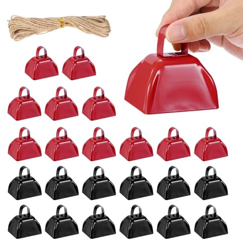 PATIKIL 24 Stück Kuhglocken Für Football Spiele 3 Zoll Kuhglocken Für Sportveranstaltungen Bulk Lautstarke Krachmacher Metall Kuhglocke Mit Seil Für Jubel Hochzeit Rot/Schwarz