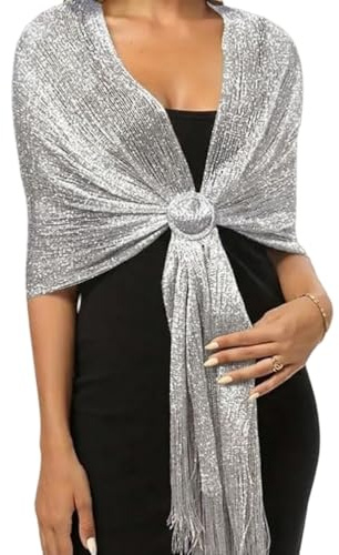 SDXCJY Funkelnde silberfarbene Metallic-Schals und Wickeltücher mit Schnalle für Damen, ideal für Hochzeit, Abendkleid, Brautjungfer, elegantes Quasten-Design