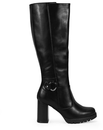 BOSANOVA Botas Altas para Mujer de Punta Redonda, aro metálico y Suela de Plataforma Dentada con tacón Efecto Madera de 8 cm. Cierre con Cremallera Interior. Calzado para Mujer Negro 37