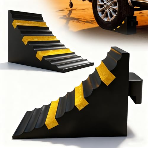XMTECH Lot de 2 cales de roue - Cales de roue en caoutchouc extra solides et antidérapantes pour voiture, SUV, camping-car, camion et remorque, bandes de sécurité réfléchissantes, faciles à manipuler