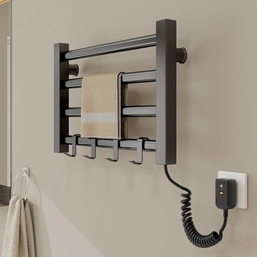QJHSSM Radiador Toallero Eléctrico Bajo Consumo, Toallero Eléctrico Calefactado para Baño, Montado en Pared, Secador de Toallas con Termostato Integrado, 4 Barras y Ganchos-Black