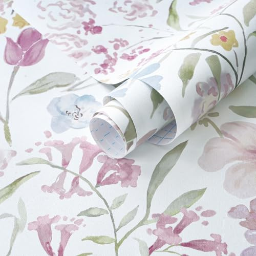 Timeet Selbstklebende Tapete Blumentapete 44x300CM Vintage Blumig Möbelfolie Wasserdicht Vinyl Rosa Weiß Lila Wandpapier für Wohnzimmer Schlafzimmer Küche Wand Schränke