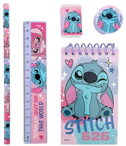 Lilo & Stitch 5-teiliges Schreibwaren-Set mit Bleistift, Notizblock, Lineal, Radiergummi und Spitzer für Kinder
