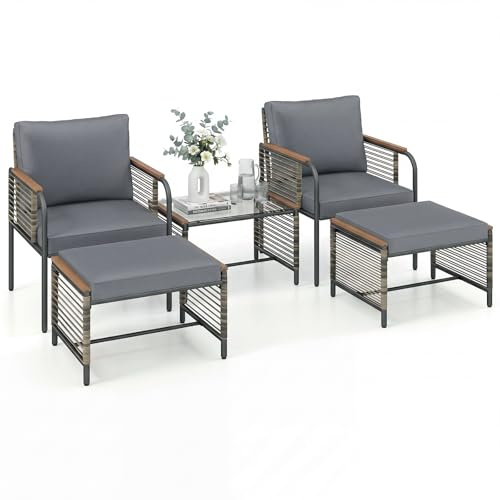 LIFEZEAL Set di mobili da giardino in rattan, 5 pezzi, con sgabello, resistente alle intemperie, con tavolo da giardino, poltrona relax con cuscino, per terrazza, balcone, giardino (grigio)