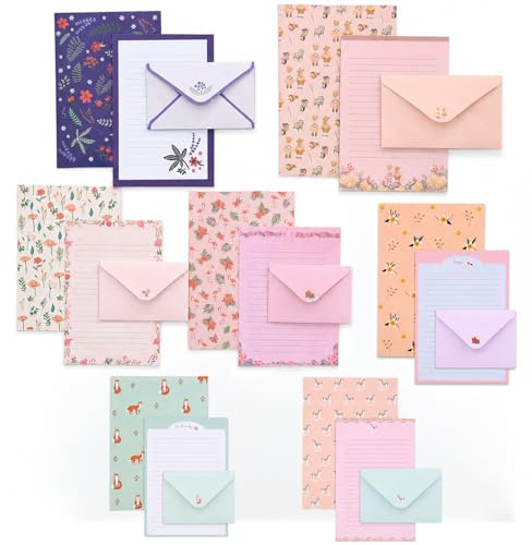 63PCS briefpapier set ，briefpapier mit umschlag，briefpapier kinder，10 Briefpapier-Sets in verschiedenen Designs, bestehend aus 42 Blatt Briefpapier und 21 Umschlägen.