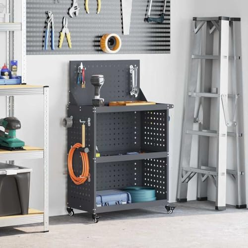 Ordellia verktygsvagn antracit av kallvalsat stål, 65 x 35 x 111 cm, med 4 hjul och 3 hyllor, verktygsskåp för verkstad, garage, källare, förvaring och organisationssystem