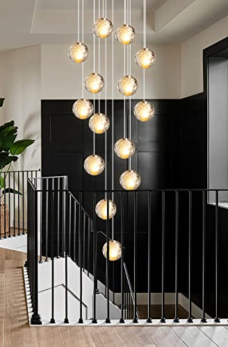 H.W.S Led Lámpara Colgante De Cristal Iluminación Ajustable Techo Moderna Vidrio Araña Decorativa Para Escaleras Villa Sala Estar Comedor Dormitorio Interior (14 Luces, Plato Redondo)