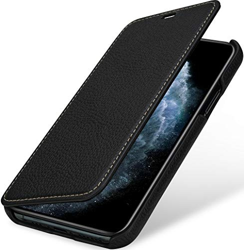 STILGUT Schutzhülle für iPhone 11 Pro, seitlich aufklappbar, aus echtem Leder, Schwarz