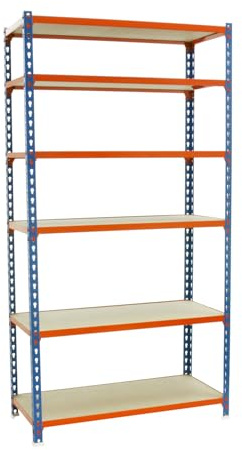 SimonRack Schwerlastregal, Lagerregal, 250x110x40 cm, Metallregal, Kellerregal, Biegestelle 200 kg, 6 Holzfachböden, Blau/Orange/Holz - Maderclick