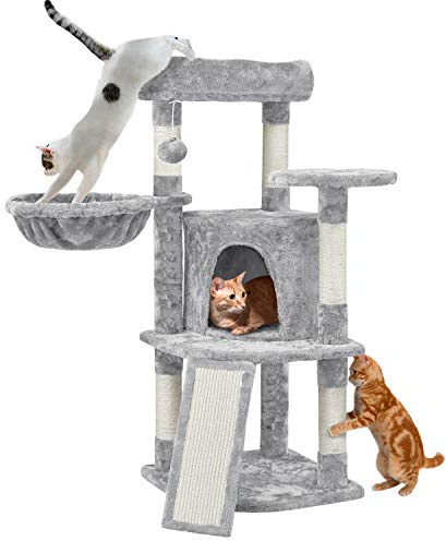 Yaheetech 107 cm Cat Tree with 5 Sisal Scratching Posts, Light Grey | Cat Tower for Indoor Cats, Multi-Level, Cat Furniture, Scratching Board, Condo, Top Perch, Basket, Danging Ball
