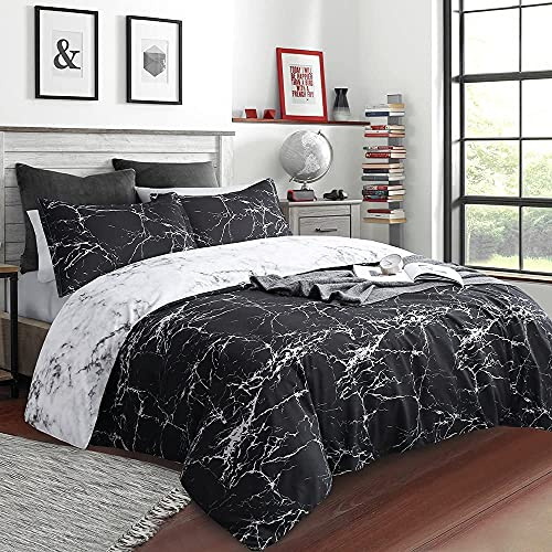 Sacebeleu Bettwäsche Marmor 135x200cm 2 Teilig Schwarz und Weiß Wendebettwäsche Set aus Microfaser Einzelbett,1 Bettbezug 135x200cm und 1 Kissenbezug 80x80cm mit Reißverschluss