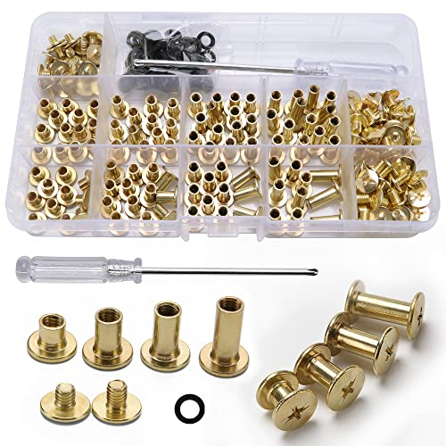 YIXISI 100 Juegos Tornillo de Cuero de Encuadernación, 4 Tamaños Cabeza de Cruz Redondo Tornillos de Chicago con Destornillador, para Bricolaje, Decoración de Cuero, Dorado
