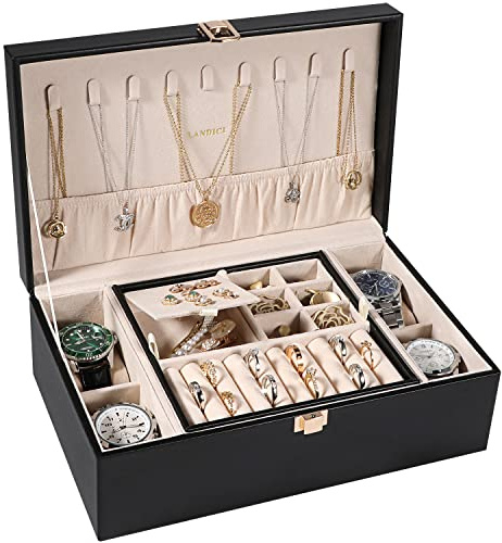 LANDICI Jewelry Box Organizer for Men Women, 2 Layer 4 Slot Watch Storage Case with Removable Tray, PU Leather Large Jewellery Holder Display for Watches Sunglasses Rings Earrings Necklace, Black