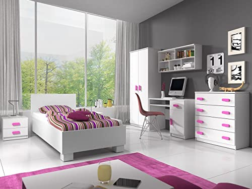 Fabryka Mebli Idźczak Kinderzimmer-Set Jonas I 01 - Schrank, Bett, Wandregal, Kommode, Schreibtisch, Nachttisch - Kleiderschrank - Skandinavischer Stil, Modern Design - Weiß/Rosa