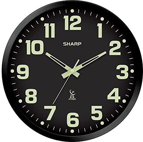 Sharp Glow in the Dark Atomic Analog Wall Clock - 12 Clock with Black Frame - Sets Automatically - Battery Operated - Easy to Read - Easy to Use – See Day or Night!