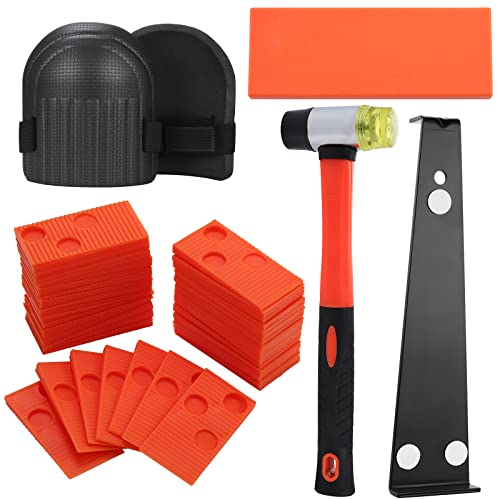 Laminat Holzboden Verlegeset Dielenboden Montagewerkzeug mit 40 Abstandshaltern Heavy Duty Zugstange Solid Tapping Block Double Faced Hammer Foam Kneepads (Orange)