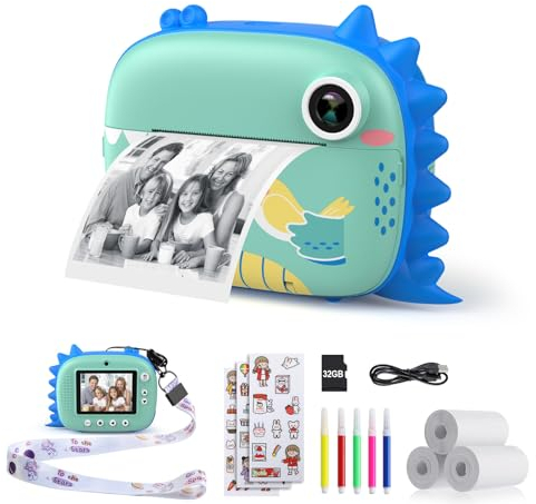 HiMont Kinderkamera Sofortbildkamera, Digitalkamera für Kinder mit Druckpapier & 32G TF Karte, VideoKamera mit farbigen Stiften & Lustige Accessoires, Geschenk für Kinder 3-14 Jahren (Blau)