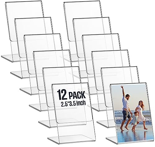 Ctosree 12 Pcs Acrylic Photo Frame L shape Slant Back Desktop Photo Frames Plastic Clear Sign Clear Acrylic Display Stand Table Top Sign for Home Office Wedding Restaurant Menu (2.5 x 3.5 Inch)