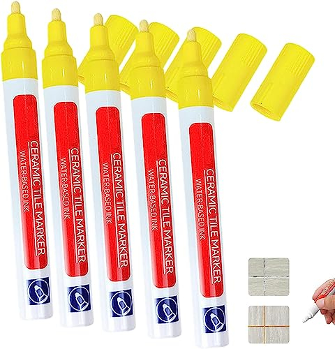 Waterproof Floor Ceramic Tile Marker,Grout Pen White Tile Paint Marker,No Faded for Home Ceramic Tile Marker Off-White,Restore Grout Lines Paint in Bathrooms & Kitchens (Yellow*5pcs)