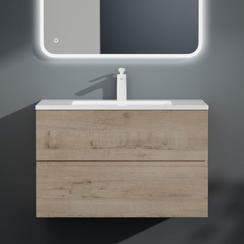 Mai & Mai Meuble Salle de Bain Chêne Blanc Clair Ensemble de 2 Pièces 80cm | Ensemble de Meubles, Lavabo Inclus, Meuble sous Lavabo Suspendu avec Tiroir, 80x48x50cm, Aqualis