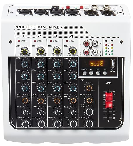 Audio Mixer 6 Kanal DJ Mischpult, Soundboard Konsole mit USB MP3 Bluetooth Eingang 48V Phantomspeisung für Live Performance Heimbühne Karaoke