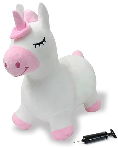 JAMARA 466002 Hüpftier Einhorn mit Plüschbezug und Pumpe - Tierohren dienen dem Kind als Halt, wiederstands- und strapazierfähig, pflegeleicht, waschbar, Hüpfball