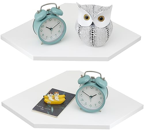 Gieanoo Eckregal Hängend Weiß, 2er-Set Eiche Massivholz Eckregal Wandregal Holz Vintage Landhausstil Regal für Schlafzimmer Wohnzimmer Diamantform mit Drahtloch