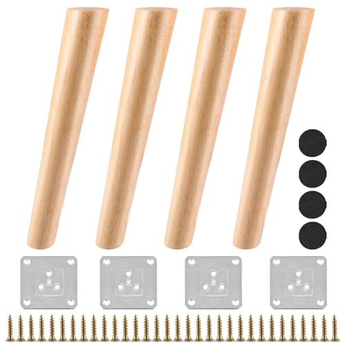 FWEEK 4 Stück Möbelfüße Holz 25 cm, Massivholz Konisch Schräg Ersatz Tischbeine mit Montageplatten & Schrauben, Tischbeine Holz Möbelfüße Möbelbeine für Schrank, Sofa, Couchtisch und TV-Schrank