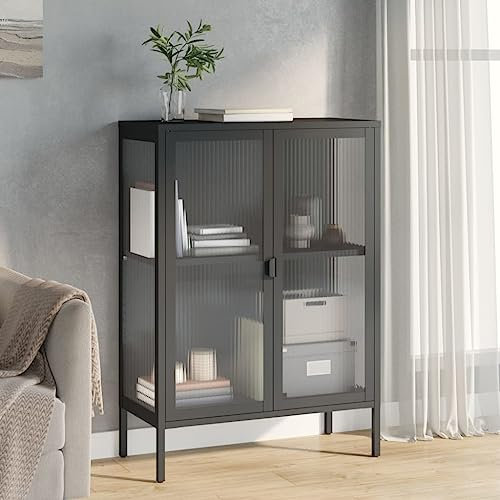 HETFTJN Sideboard, Sideboard Eckschrank Wäscheschrank Besenschrank Geeignet für Office Küchenzeile Schlafzimmer Flur Schwarz 75x35x105 cm Glas und Stahl