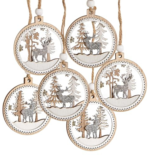 Logbuch-Verlag 6 Weihnachten Holzdeko Anhänger Winterlandschaft weiß Silber Winter Deko Weihnachtskugel flach Ø 6,5 cm