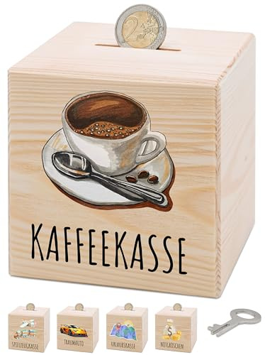 Bärenfreunde® - Personalisierte Spardose Kinder aus Holz mit Metallschloss - Spardose mit Namen mit kinderfreundlichem UV-Druck zum Sparen für Kinderträume (Kaffeekasse)