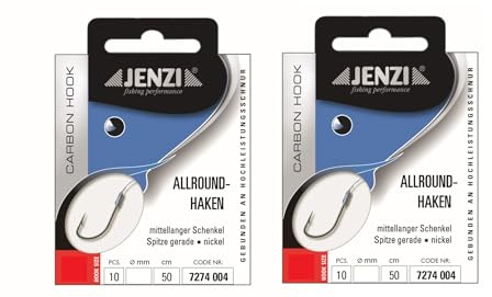 Set: 2 Packungen JENZI gebundene Allroundhaken Angelhaken (20 Stück), 50cm Hakengröße 4, 6, 8, 10, 12 & 14 je nach Auswahl + gratis Petri Heill! Aufkleber