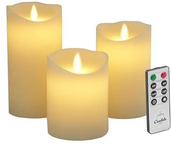 LC Home Candela Lights LED Kerzen Set Stumpenkerze Echtwachs mit Fernbedienung Timer Funktion & mehrstufig dimmbar bewegliche Flamme Echtwachskerzen (Elfenbein, 3er Set)