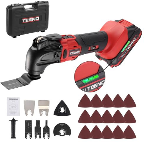 TEENO Utensile Multifunzione Oscillante 20V, Utensile Multifunzione a Batteria Senza Spazzole Con 6 Velocità Variabili, 8500-21000RPM, Angolo di oscillazione 4°, Per raschiare, Lucidare, 1* Batterie