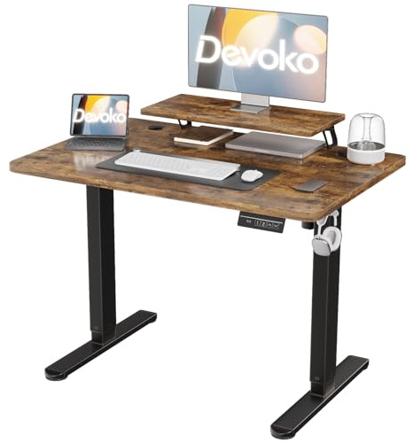 Devoko Höhenverstellbarer Schreibtisch 120×60cm mit Monitorständer | Schreibtisch Höhenverstellbar Elektrisch mit 2 Höhen Memory-Steuerung, Ergonomisches Sitz-Stehpult,Vintagebraun