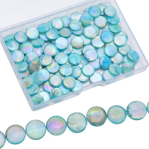 SUNNYCLUE 1 B0X 136 Stück Flache Runde Muschelperlen Muschelperlen Blau Süßwasser Sommer Natürliche Perlmutt Capiz Scheiben Rondellperlen Für Die DIY Schmuckherstellung Basteln Armbandzubehör Anfänger
