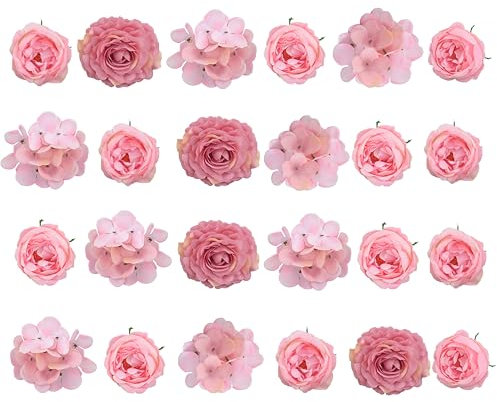 DABAOOU 24Pcs Artificial Flower Heads Fake Flower with Stems Silk Faux Flowers Craft Peony Rose for DIY Table Decorations Arrangement Wedding Party Cake Hair Home Decor (pink)