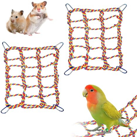 CQJ Ratten-Kletterseile für Käfigzubehör, Rattenspielzeug mit 32 x 25 cm Hängematte, Baumwollseilbrücke mit 4 Haken (gemischt), 2 Stück