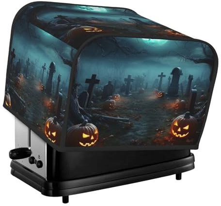 Horror-Kürbis-Friedhof-Toaster-Abdeckung, 4 Scheiben, für kleine Geräte, mit Taschen, Toaster-Staubschutz mit Griff oben, waschbar, Universal-Brotbackmaschinen-Abdeckung für Küche