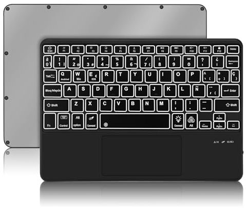 Teclado Touchpad Español Ñ Bluetooth Inalámbrico Retroiluminados Súper Delgado para iOS Apple iPad Tablet, Android Samsung, Huawei, Lenovo, Windows, para Todos los Dispositivos con Bluetooth, Negro