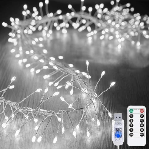 EONANT Fee Lichterkette, USB Feuerwerkskörper Cluster Stern Lichterkette mit Fernbedienung Timer, Schlafzimmer, Garten, Terrasse, Hochzeit, Weihnachten Urlaub Dekoration (Weiß, 9M 300LED)