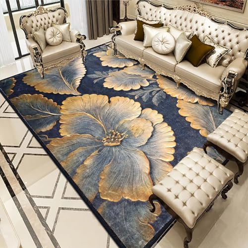 GYKLY Area Rugs 160X230CM Black gold leaves Living Room Bedroom Vintage Rectangle Household Carpet Soft Short Pile Large Rug,Easy Care And Dirt Resistant Slip Machine Washable Rug