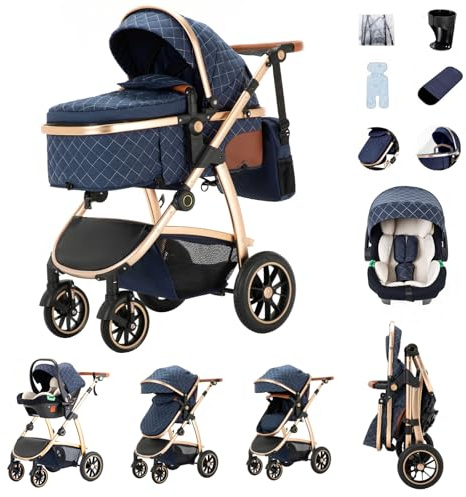 Zkiprm 3 in 1 Kinderwagen, Reisesystem, Buggy & Car sitz, Höhenverstellbare Armlehnen und Kinderwagen mit Aluminiumgestell/Moskitonetz/Baumwollmatte, für Neugeborene 0-4 Jahre